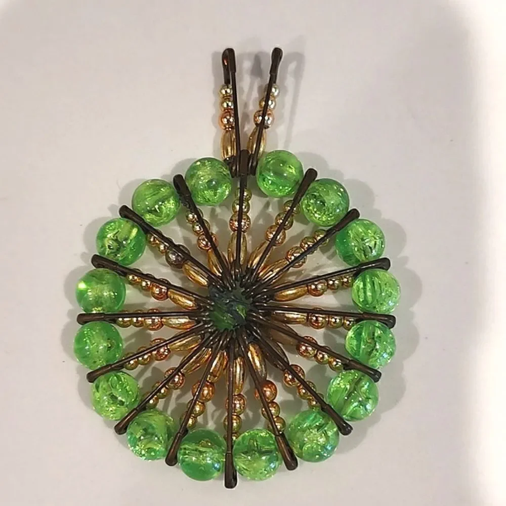 Vintage Safety Pin Art Green and Gold Bead Pendant/Brooch